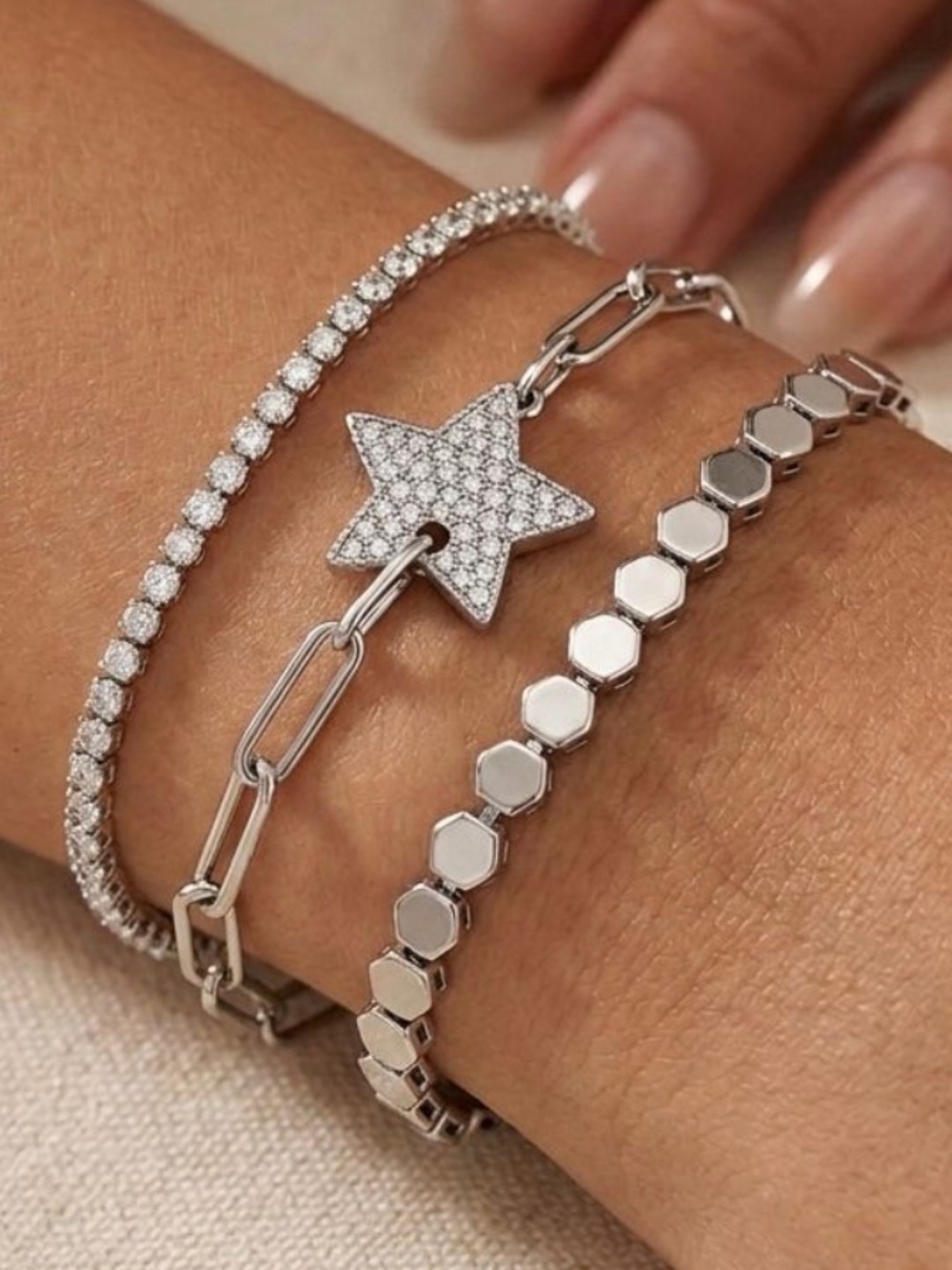 Bracelet Set - 3 PCS Star Charm, Tennis & Paperclip Chain Stack Rhodium Finish